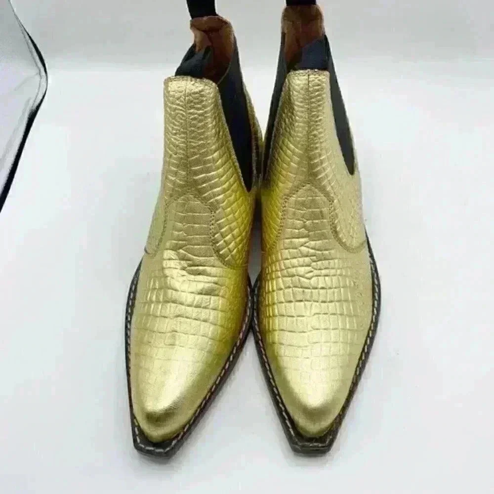 FREE PEOPLE Gold Croc Embossed Beau Western Chelsea Boot Ankle Booties